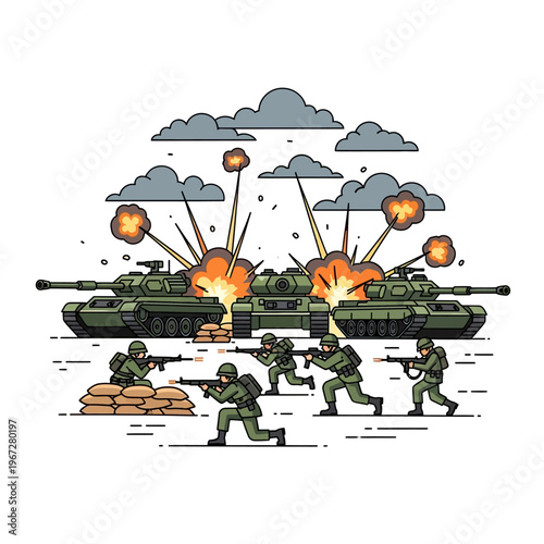 Military Battle Scene with Tanks and Soldiers in Combat