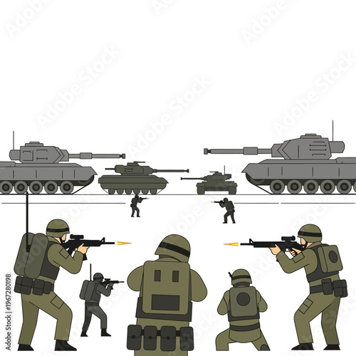 Military conflict: Soldiers and tanks engaged in combat, action scene, abstract vector illustration.