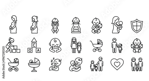 Collection of linear icons depicting motherhood infancy and family life