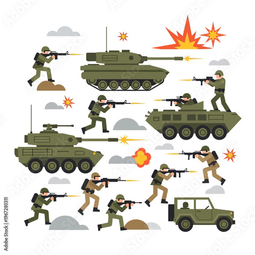 Military conflict, soldiers and tanks in battle scene with explosions and gunfire