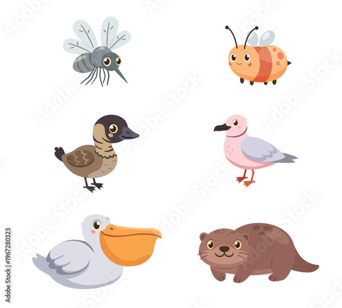 Cute chubby pond animals and insects set. Flat vector characters for kids