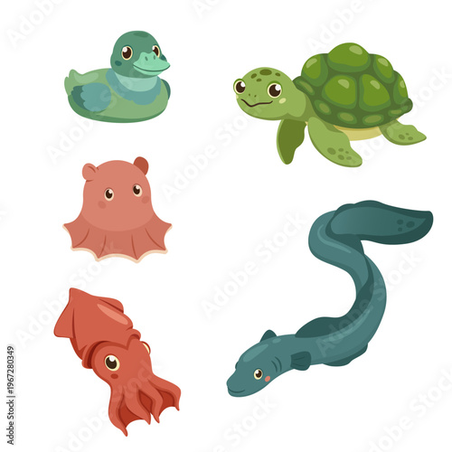 Cute chubby aquatic animals set. Flat vector sea turtle, duck, eel, octopus and squid for kids