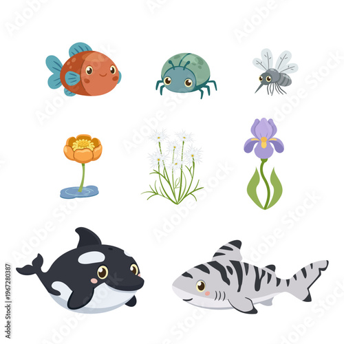 Cute chubby aquatic animals set. Flat vector sea turtle, duck, eel, octopus and squid for kids