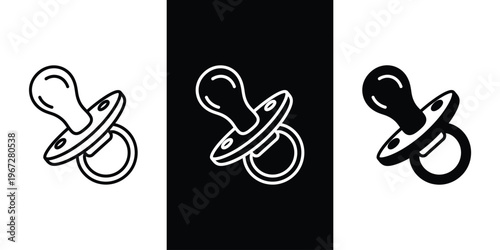 A set of three pacifier icons in different line styles and colors
