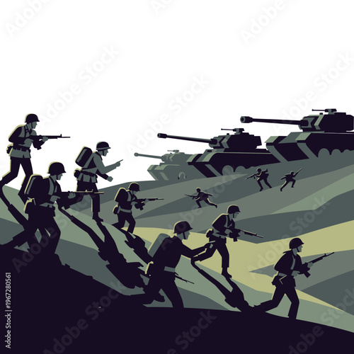 Military soldiers and tanks advance across a hill during a battle scene.