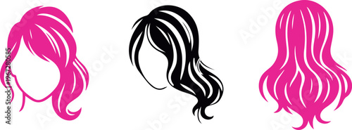 Vector Set of Trendy Long Wavy Female Hairstyles in Pink and Black Silhouettes