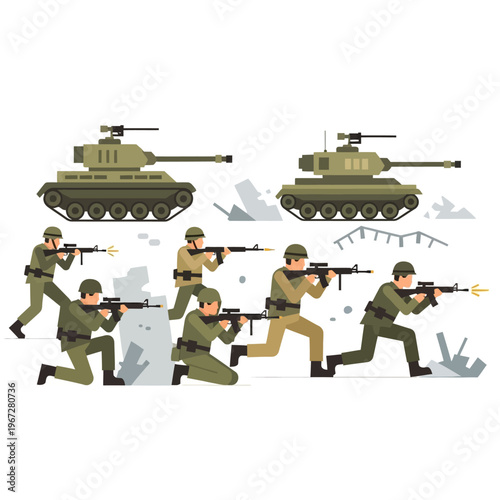 Military Soldiers and Tanks in Combat Action