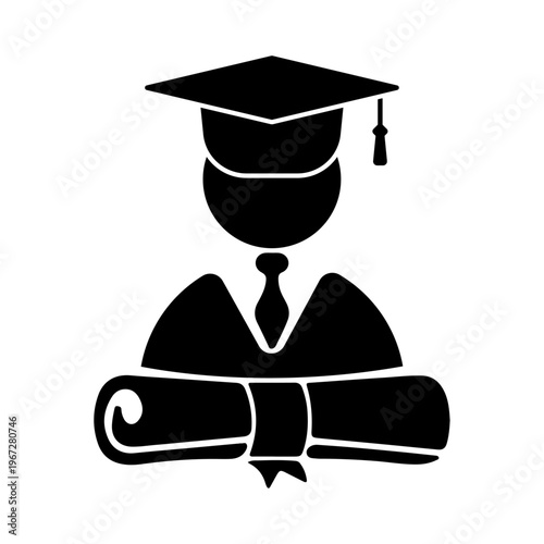 Graduate Student Icon with Graduation Cap and Diploma Silhouette