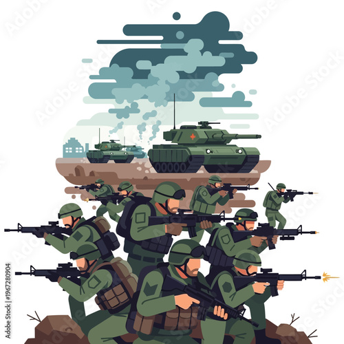 Military Soldiers and Tanks in Combat, War Scene Illustration