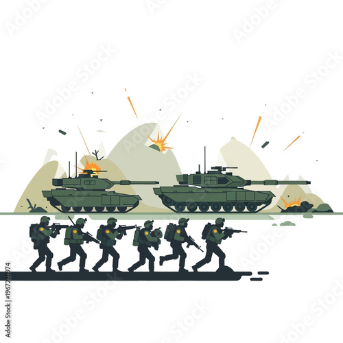 Military Tanks and Soldiers Advancing in Combat