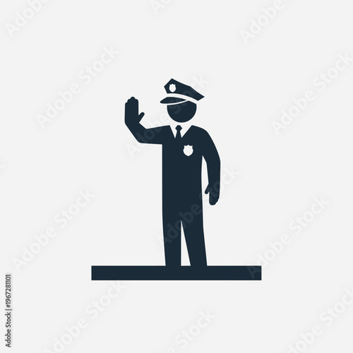 Police officer in uniform signaling a stop with his hand raised traffic control.