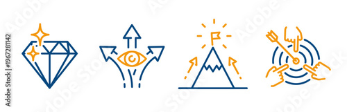 mission, vision, goal, value, outline icon set, success and growth, path vision, diamond gem, mission target, vector icons with editable stroke