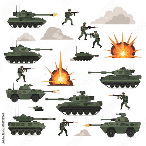 Military Tanks and Soldiers in Combat with Explosions, Vector Illustration