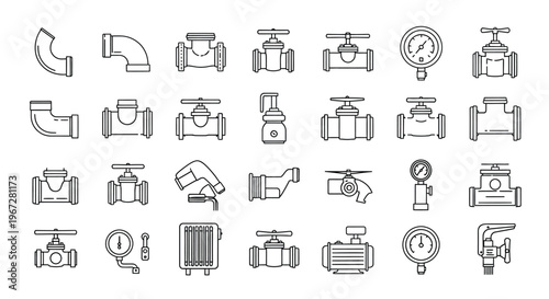 Collection of linear plumbing fixtures and components in a monochrome style