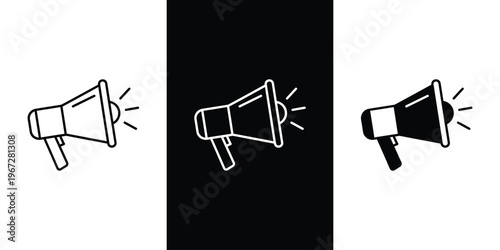 A set of three megaphone icons in different styles and colors on a white background
