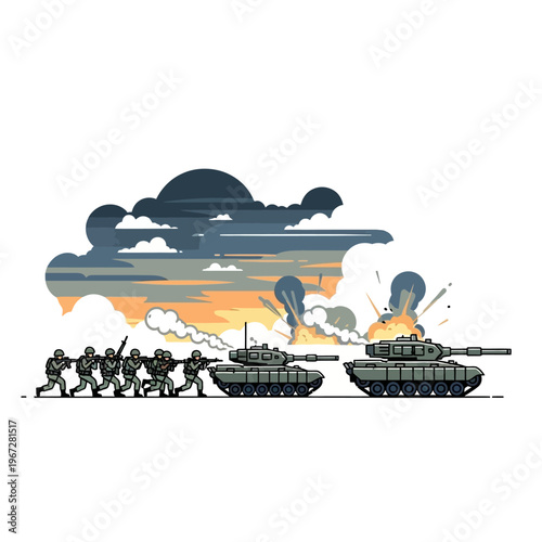 Pixel Art Military Battle Scene: Soldiers and Tanks Advance Amidst Explosions and Smoke