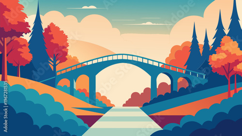 illustration of a picturesque arched bridge spanning a calm river, surrounded by vibrant autumn foliage and silhouetted evergreen trees under a soft, gradient sky 