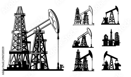 Oil derrick vector set drilling rig industrial energy illustration