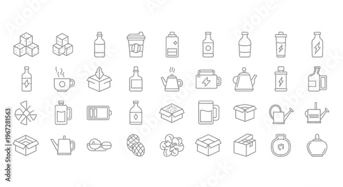 Collection of outlined icons representing food beverages and household items