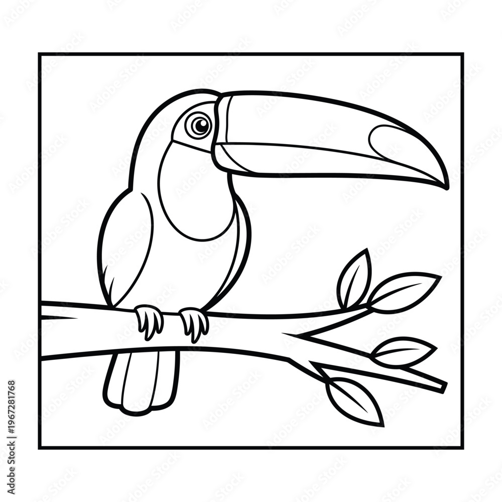 Fototapeta premium A charming black and white illustration of a toucan perched on a tree branch with leaves