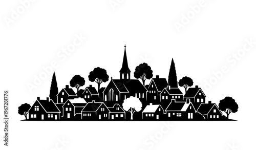 Black village silhouette church houses trees vector landscape design
