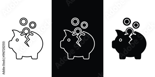 A broken piggy bank with coins spilling out in three different colors and styles