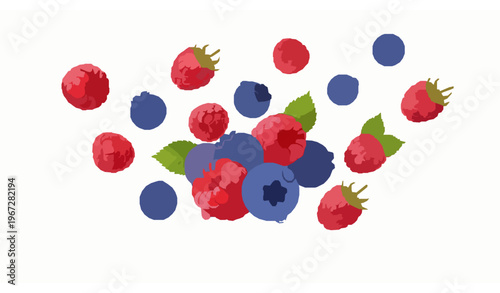 Raspberries and blueberries flying vector fresh berries isolated
