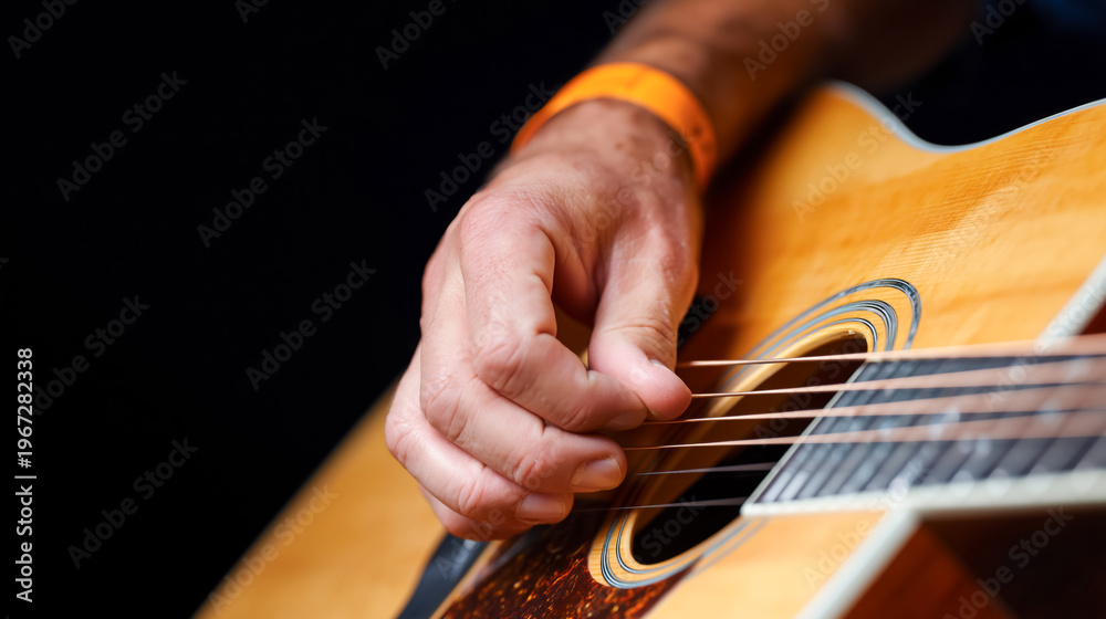 Fototapeta premium Musician playing acoustic guitar strings on stage for live performance