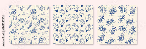 Set of vegetables sketches pattern. Tomato, cucumber, artichoke, garlic, rosemary.