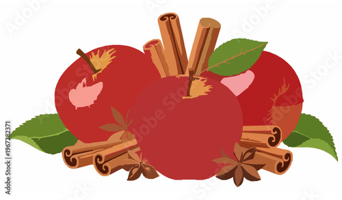 Apples and cinnamon vector autumn fruit spice isolated design