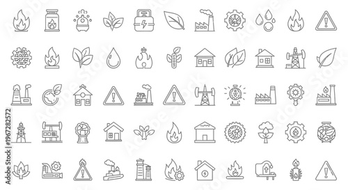 Collection of environmental and industrial line icons depicting sustainability concepts