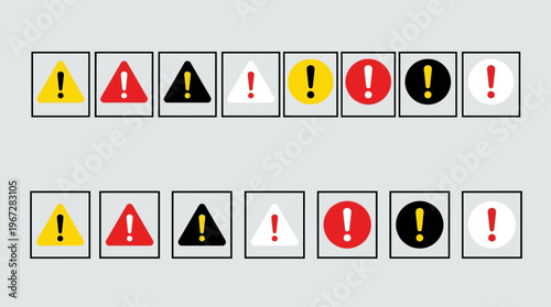 Warning and caution icons with exclamation marks in triangles, circles, and standalone forms, bold yellow, red, black, and white designs, universal hazard alert symbols.