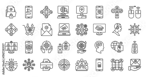 ICT outline icon set. Contain information technology, computer networking, internet services,  cloud computing, AI, telecommunications network, IoT, web application, device firmware