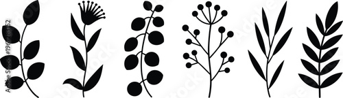 Assortment of Black Silhouette Botanical Elements and Leaves on White Background Keywords: silhouette, botanical, plant, leaf
