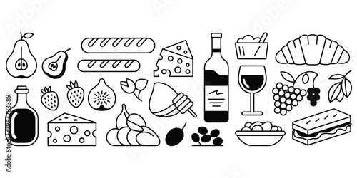 Black and White Icons of Food and Drink with Wine Cheese and Bread Keywords: wine, cheese, bread, croissant, baguette, pear, fig