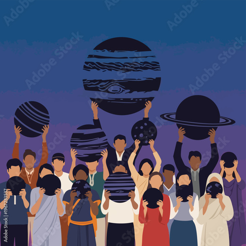 Celebrating global unity for environmental preservation on Earth Day, a diverse community holds aloft symbolic planets, advocating for a healthier future for all living beings