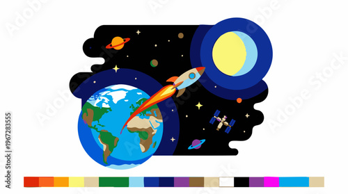 Cartoon rocket launching from Earth into outer space with planets and stars