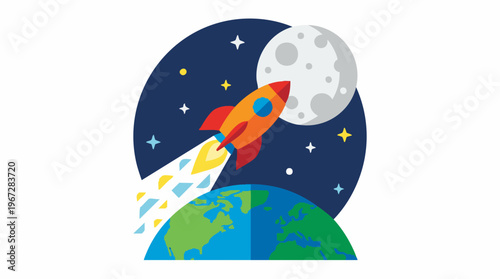 Rocket Launching from Earth to Moon in Space, Flat Design Illustration