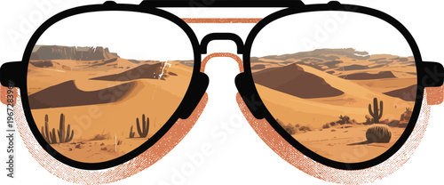 Desert landscape reflected in sunglasses lenses isolated on transparent background