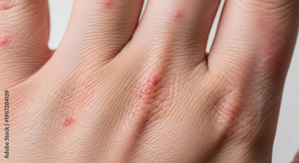 Fototapeta premium A close-up view of a hand with red itchy skin and small bumps