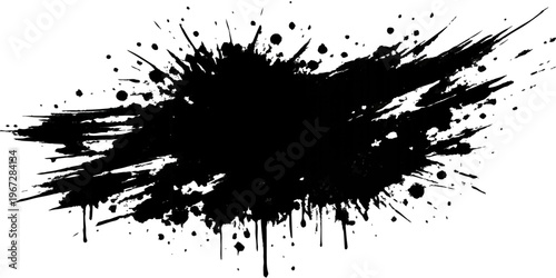 Black grunge ink splat vector design with dirty paint splatter and spray brush texture elements featuring a dark liquid stain silhouette on a white background