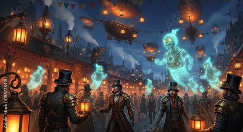 Crowds of formally dressed individuals attend an evening festival featuring glowing spectral figures and airborne dirigibles
