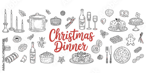 Christmas Dinner Hand Drawn Elements with Festive Food and Drinks Keywords: christmas dinner, christmas, holiday, food, drink
