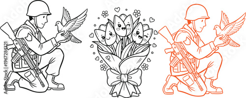 War and Peace Concept Illustration, Soldier with Bird and Floral Bouquet