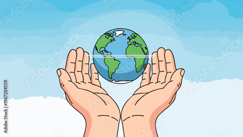 A meaningful Earth Day illustration depicting human hands gently cradling the planet, symbolizing environmental responsibility, protection, and the urgent call for sustainability