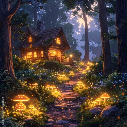 A serene wooden cottage nestled among trees with a glowing pathway