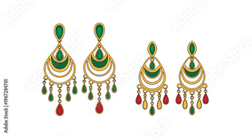 Elegant gold earrings with green and red gemstone detailing displayed on white