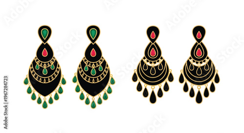 Four ornate chandelier style earrings with red and green gemstones