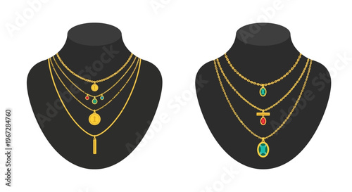 Elegant gold necklaces displayed on black velvet busts for presentation