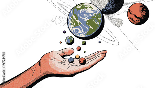 Hand holding miniature planets and celestial bodies isolated on transparent background